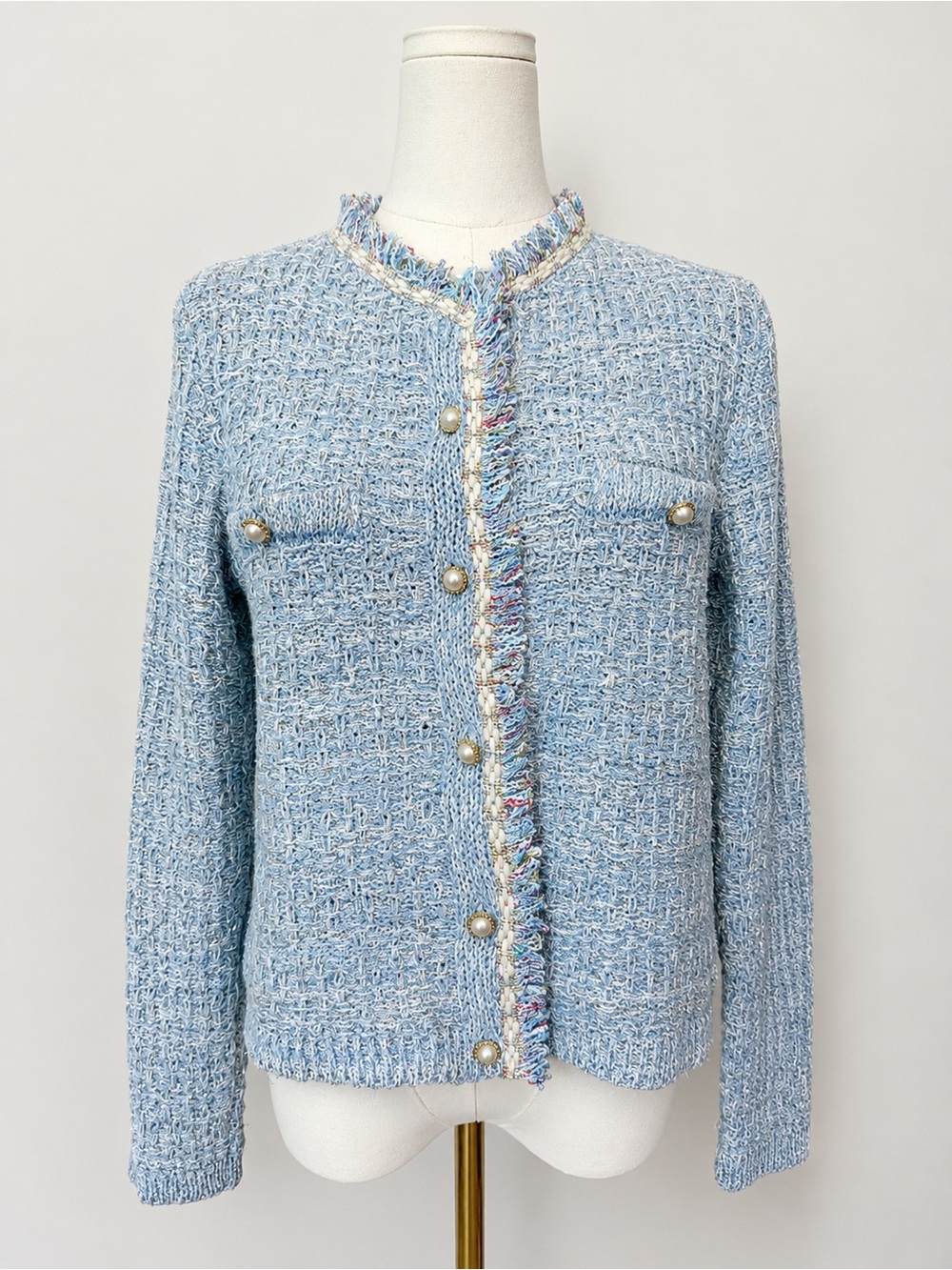 Mango MNG Blue Tweed Pearl Button Fringe Lady Cardigan Jacket S Gold Thread